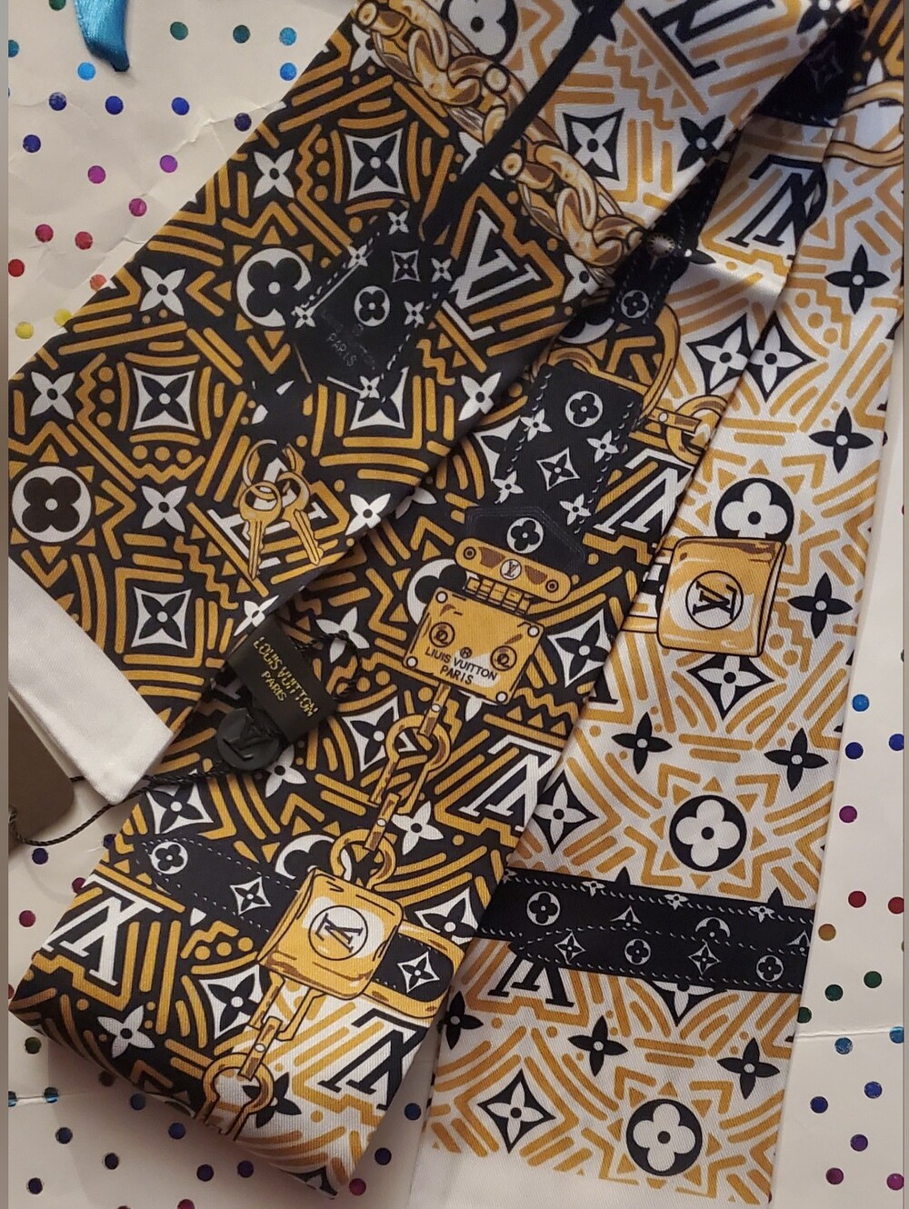 Silk Bag Twilly, Scarf, Hairtie;  White & Gold Patterned Silk Scarf